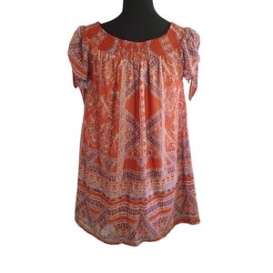 𝅺speechless Short Sleeve Lined Retro Style Dress in Orange, Purple & Cream Sz.S